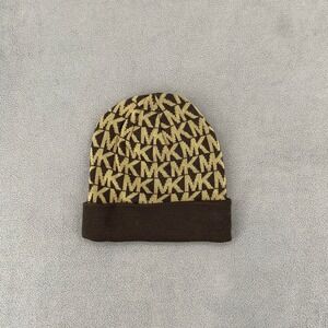 Michael Kors Brown Tan Monogram MK Logo Knit Beanie Hat One Size